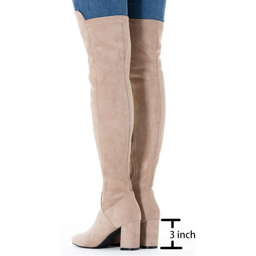 Women Beige\3inch Suede Over the Knee Thigh High Chunky Block Heel Winter Boots
